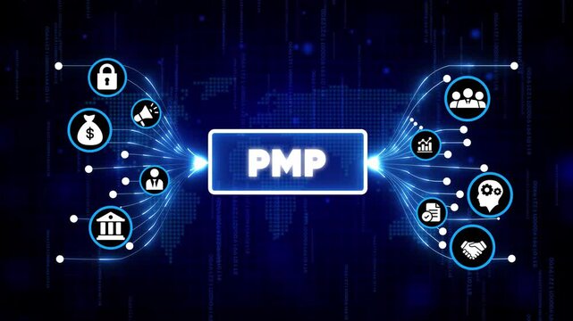 Project Management Professional PMP Certification Concept with Digital Icons and Futuristic Hologram Technology in Dark Blue Background