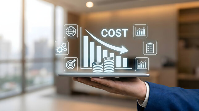 Hand holding digital tablet with cost reduction graph and downward arrow,concept of cutting business expenses,financial budget crisis management,economic recession saving.