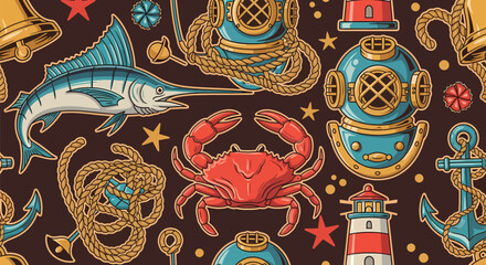 Nautical Symbols and Marine Life Illustration.