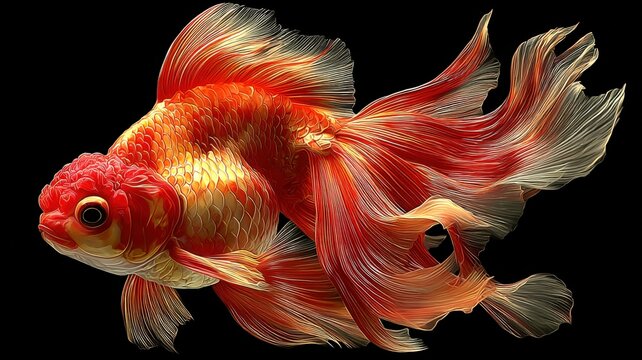 Elegant Oranda Goldfish with Flowing Tail Fin Swimming Gracefully in Dark Water Aquarium