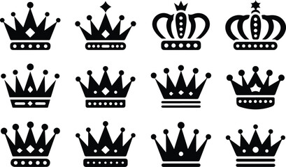 Fototapeta premium Royal Crown Outline Vector Set Elegant King and Queen Silhouettes