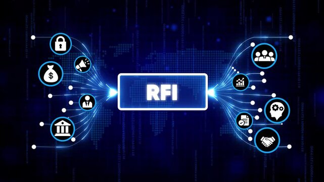 RFID technology digital interface with glowing icons on futuristic dark blue background for cyber security and contactless payment