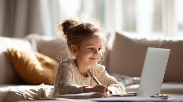 Education training class. Knowledge learning improvement study. A young girl seated on a couch, engrossed in a laptop, surrounded by books and a pen. The background is slightly blurred.