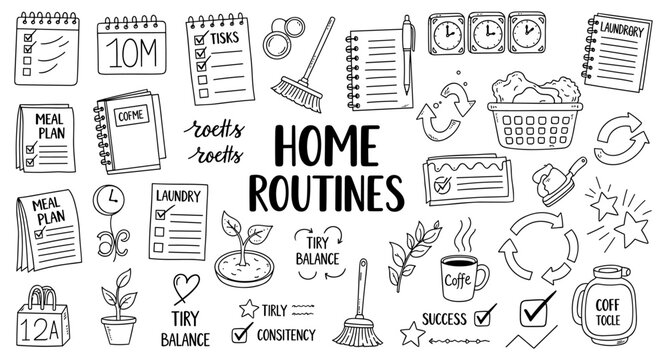Hand-drawn doodle collection illustrating home routines and daily tasks for organization