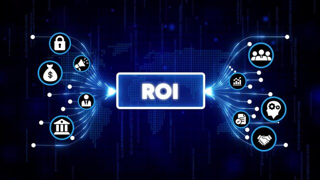 Digital ROI concept with business icons and financial growth hologram in futuristic blue tech environment