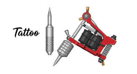 Tattoo Machine and Needles on White Background.