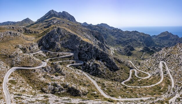 Aerial view, mountain pass with switchbacks to Sa Colobra, Serra de Tramuntana, Majorca, Balearic Islands, Spain