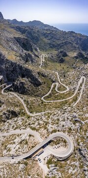 Aerial view, mountain pass with switchbacks to Sa Colobra, road loop Nus de Sa Corbata, Serra de Tramuntana, Majorca, Balearic Islands, Spain