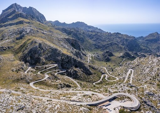 Aerial view, mountain pass with switchbacks to Sa Colobra, road loop Nus de Sa Corbata, Serra de Tramuntana, Majorca, Balearic Islands, Spain