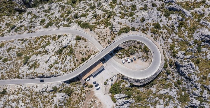 Aerial view, view from above, mountain pass with serpentines to Sa Colobra, road loop Nus de Sa Corbata, Serra de Tramuntana, Majorca, Balearic Islands, Spain