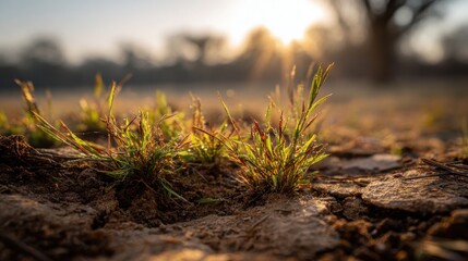 Fototapeta premium Tiny sprouts of green grass emerging from dry soil cracks bathed in warm morning sunlight
