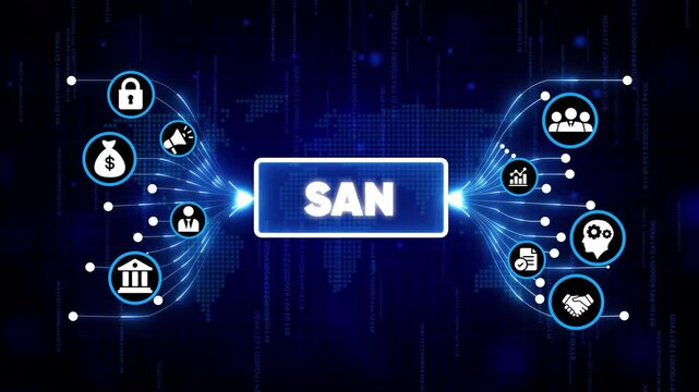 Storage Area Network SAN digital technology concept with futuristic icons and glowing blue network background for IT infrastructure and data management