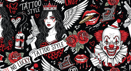 Tattoo Style Illustration with Clown and Woman.