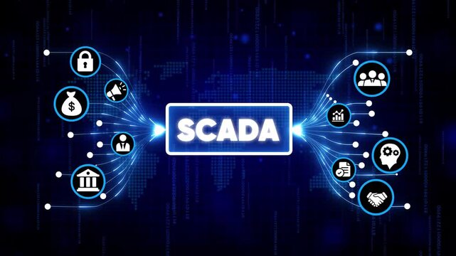 SCADA system digital interface with futuristic icons and network nodes in dark blue cyber space background