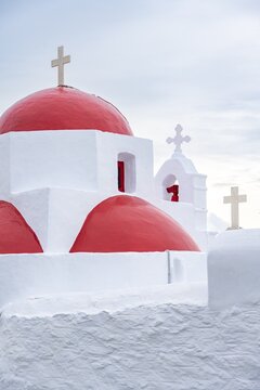 Agia Sofia Church, red and white Greek Orthodox Cycladic Church, Mykonos, Cyclades, Greece