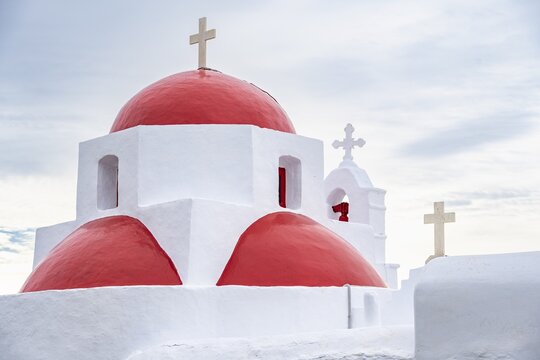 Agia Sofia Church, red and white Greek Orthodox Cycladic Church, Mykonos, Cyclades, Greece