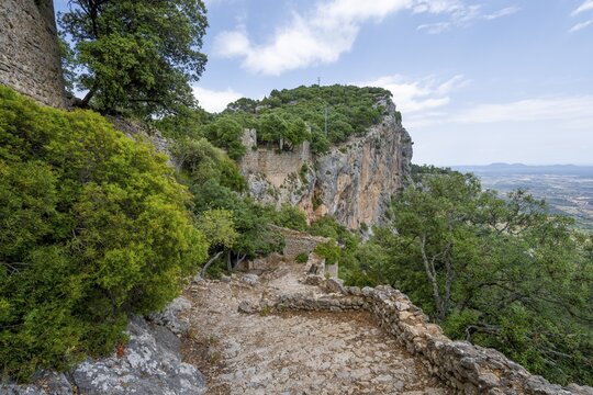 Stone steps, hiking trail to the ruins of Castell Alar&oacute;, Serra de Tramuntana, Puig dAlar&oacute;, Majorca, Spain