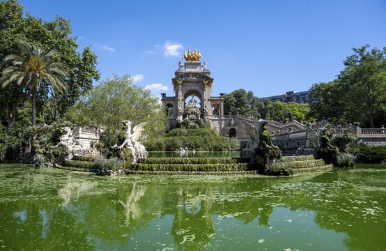 Fountain Font de la Cascada with waterfall, water features, Parc de la Ciutadella, Barcelona, Catalonia, Spain