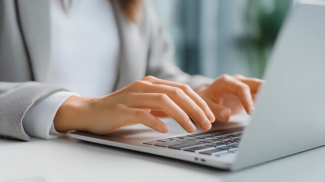 Hands typing on a laptop in a professional setting.