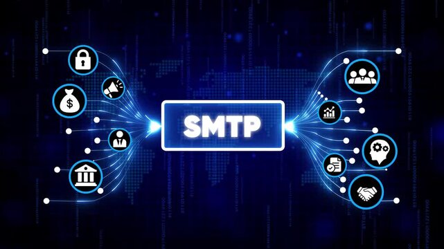 SMTP server technology concept with digital icons and futuristic blue background for email communication and cybersecurity