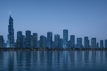 Fototapeta premium Cityscape Reflection at Dusk: Tranquil Waterfront View of Modern Urban Skyline in Blue Tones
