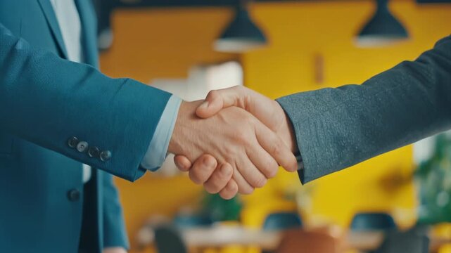 Business professionals shaking hands in a modern office setting.