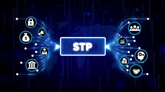 STP marketing strategy digital business flowchart with icons and glowing nodes on dark blue tech background