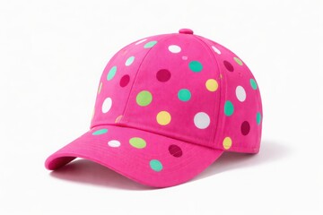 Fototapeta premium Hot pink baseball cap with assorted colorful polka dots on white background