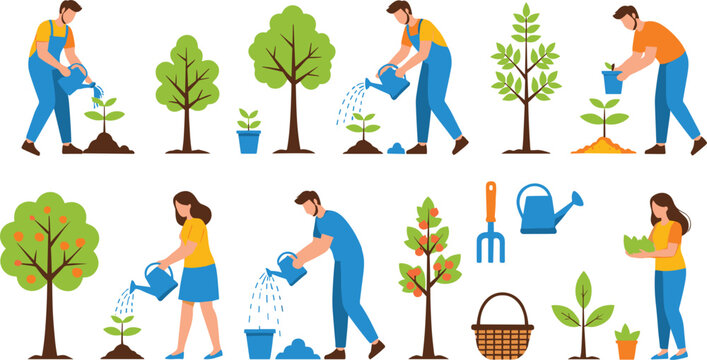 Set of flat vector characters gardening watering plants and trees for environmental sustainability organic farming hobby and home garden landscaping concepts isolated.