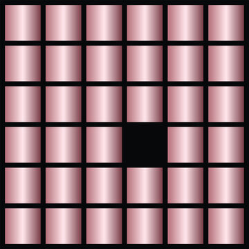 A grid of metallic rose gold squares with a single missing black block creating a modern pattern