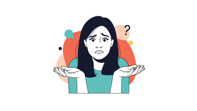 Young woman with a confused expression shrugging her shoulders and holding her hands out to show doubt or lack of understanding.
