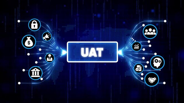 User Acceptance Testing UAT digital concept with futuristic icons and holographic interface in dark blue cyber space background