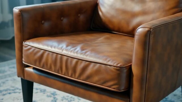 Elegant brown leather armchair with a plush cushion set against a soft, textured rug, creating a cozy and inviting atmosphere