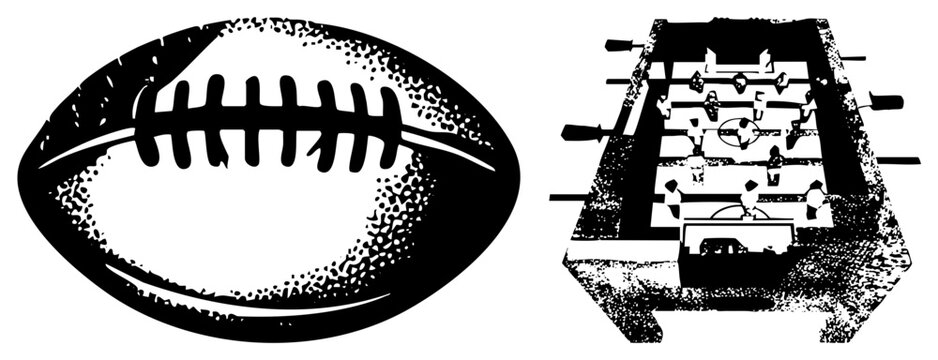 Stylized American football with laces and foosball table with players, vector, sports equipment, game design, black and white illustration.