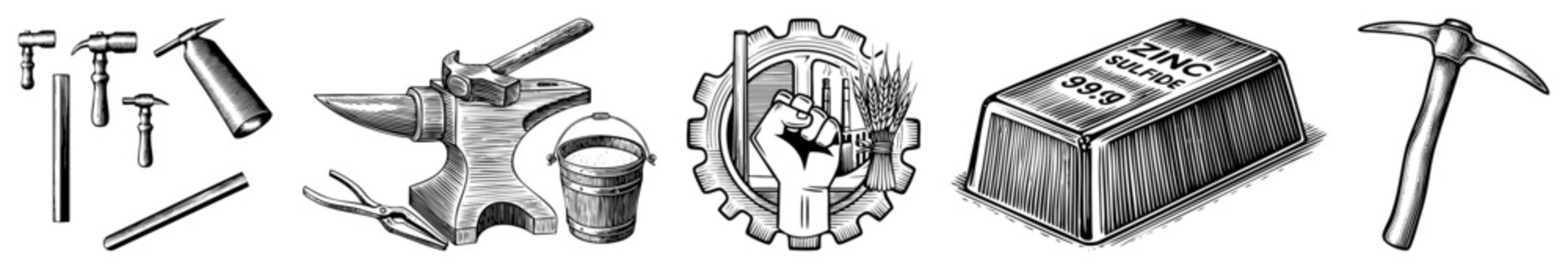 Forge hammer, anvil, tongs, bucket, pickaxe, zinc sulfide ingot, raised fist emblem, industrial worker, metalworking symbols, mining tools.