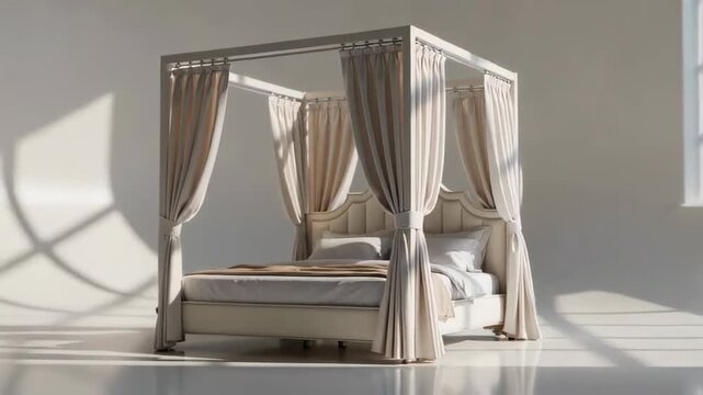 Elegant four-poster bed with soft drapes and natural light casting shadows in a neutral-toned room