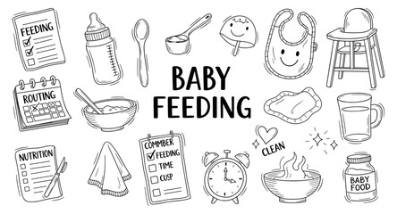 Baby feeding essentials and schedule icons in a doodle art style