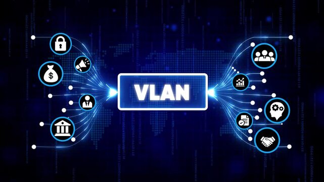 VLAN network technology concept with digital icons and futuristic blue background for cybersecurity and IT infrastructure