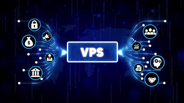 VPS hosting technology concept with digital cloud icons and futuristic blue network background for business and IT solutions