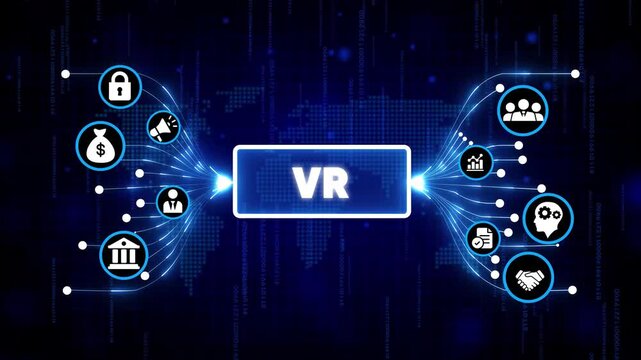Virtual Reality VR Technology Concept with Futuristic Icons and Digital Network Background in Blue Neon Lighting