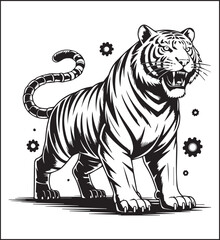 Obraz premium Steampunk style animal tiger with gear and clockwork doodle element detailed black line art vector coloring page design for kids and adults