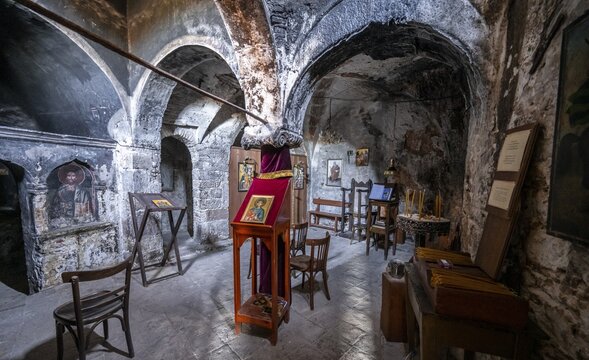 Interior with altar and ancient paintings, Old Byzantine Monastery of the Egg, Iera Moni Agiou Dimitriou Augou, Peloponnese, Greece