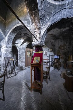 Interior with altar and ancient paintings, Old Byzantine Monastery of the Egg, Iera Moni Agiou Dimitriou Augou, Peloponnese, Greece