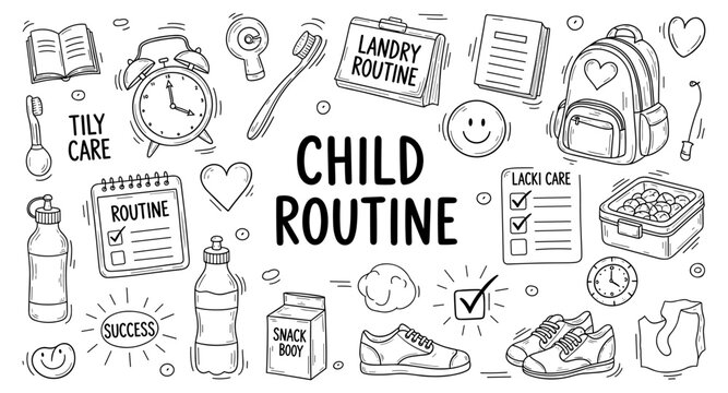 Childhood daily routine elements and activities illustrated in a doodle style