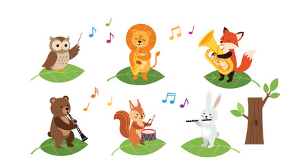 Naklejka premium Group of forest animals like owl, lion, fox, bear, squirrel, and rabbit playing different musical instruments while standing on green leaves.