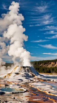 Erupting geyser surrounded by colorful mineral deposits under a clear blue sky in a national park setting