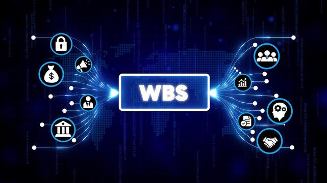 Work Breakdown Structure WBS diagram in futuristic digital network with glowing icons and blue tech background for project management