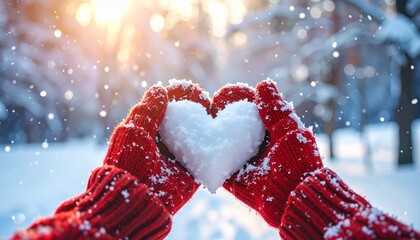 Cozy winter scene red knitted mittens embrace a snow heart amidst sparkling snow and love snow
