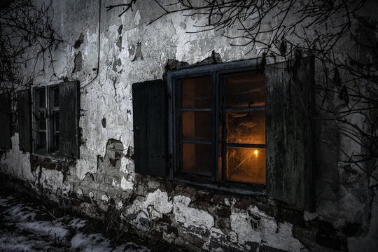 Old decayed wooden window on old house facade in candlelight, Mindelheim, Unterallg&auml;u, Bavaria, Germany