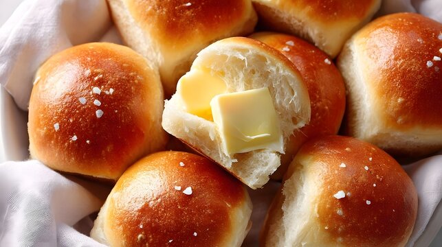 Warm soft golden brown dinner rolls sprinkled with coarse salt  One roll is split revealing melting butter served in a basket with a white cloth